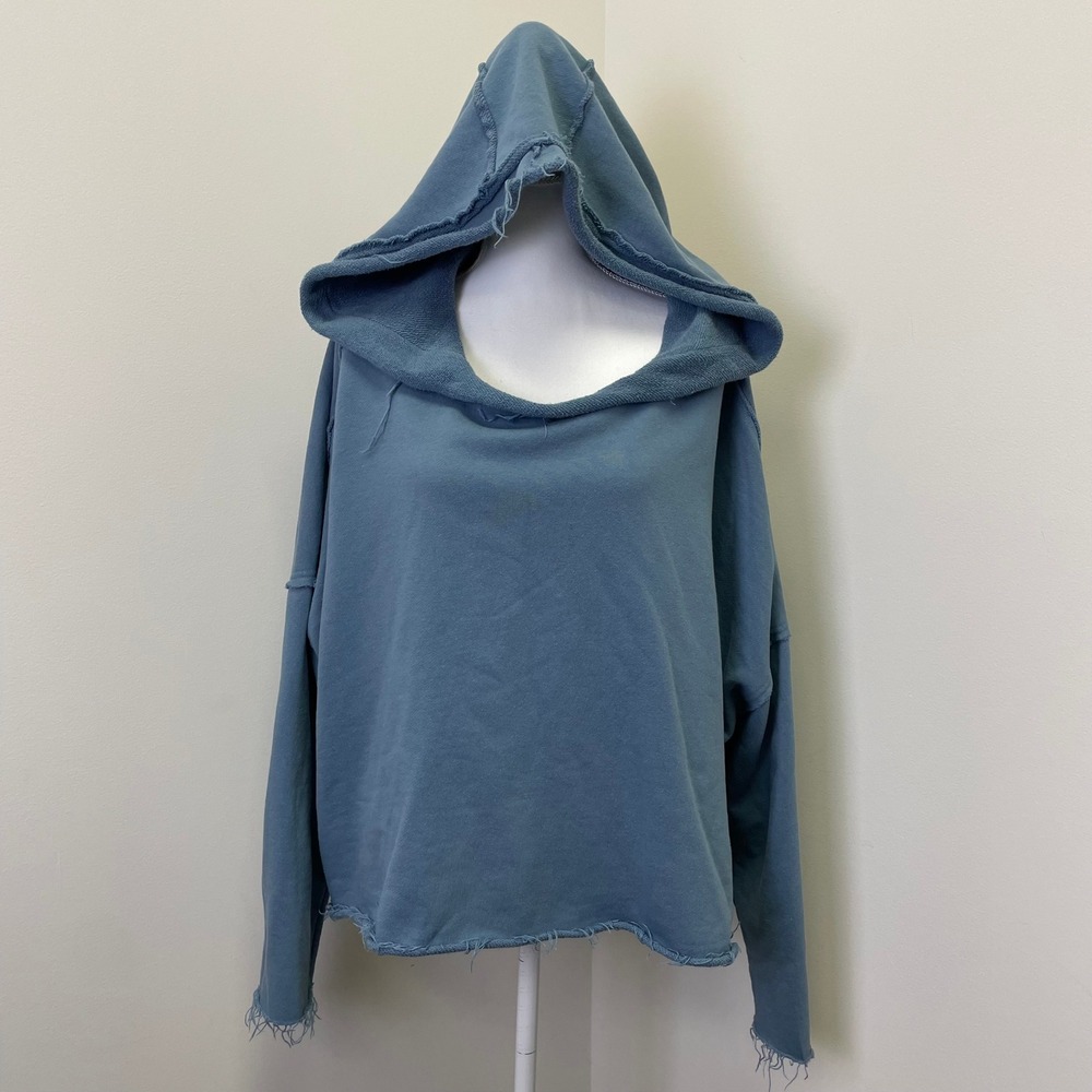 Natural Life Blue Oversized Raw Hem Hoodie Exposed Seam Pullover L/XL